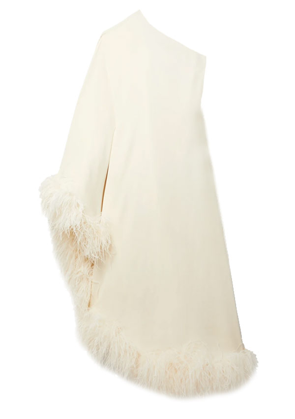 Ubud one-shoulder feather-trimmed crepe maxi dress – Taller Mamo